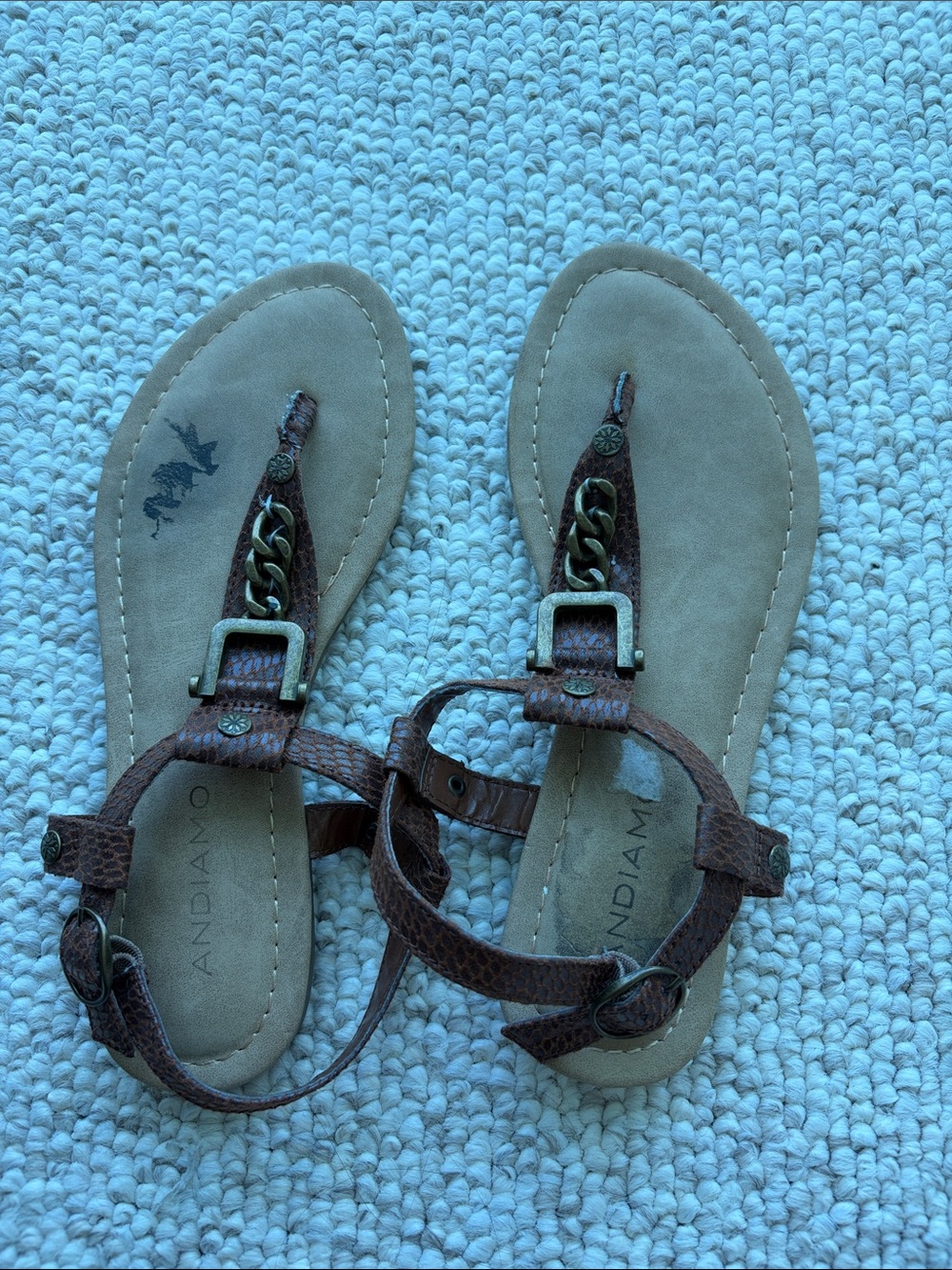 Andiamo Brown Leather T-Strap Sandals with Chain Detail